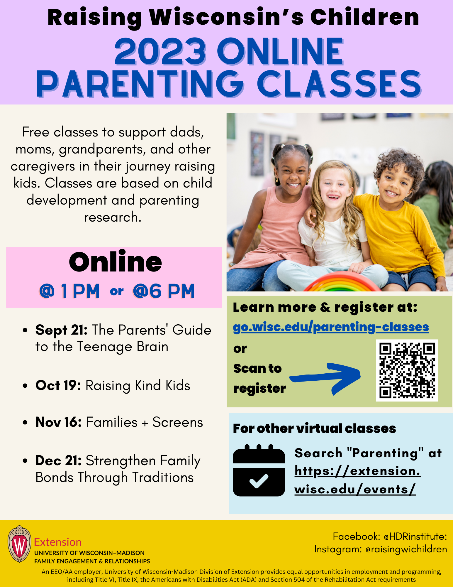 Poster with promotion of fall and winter online parenting classes. Picture of 3 happy children hugging