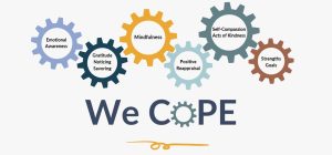 We COPE logo with gears that say: Emotional Awareness; Gratitude, Noticing, Savoring; Mindfulness; Positive Reappraisal; Self-Compassion, Acts of Kindness; Strengths and Goals.