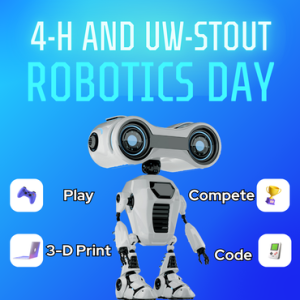 "4-H and UW-Stout Robotics Days with a white robot"