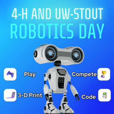 "4-H and UW-Stout Robotics Days with a white robot" 