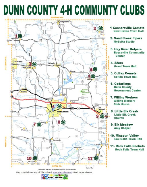 Map of Dunn County with location of its 4-H Clubs